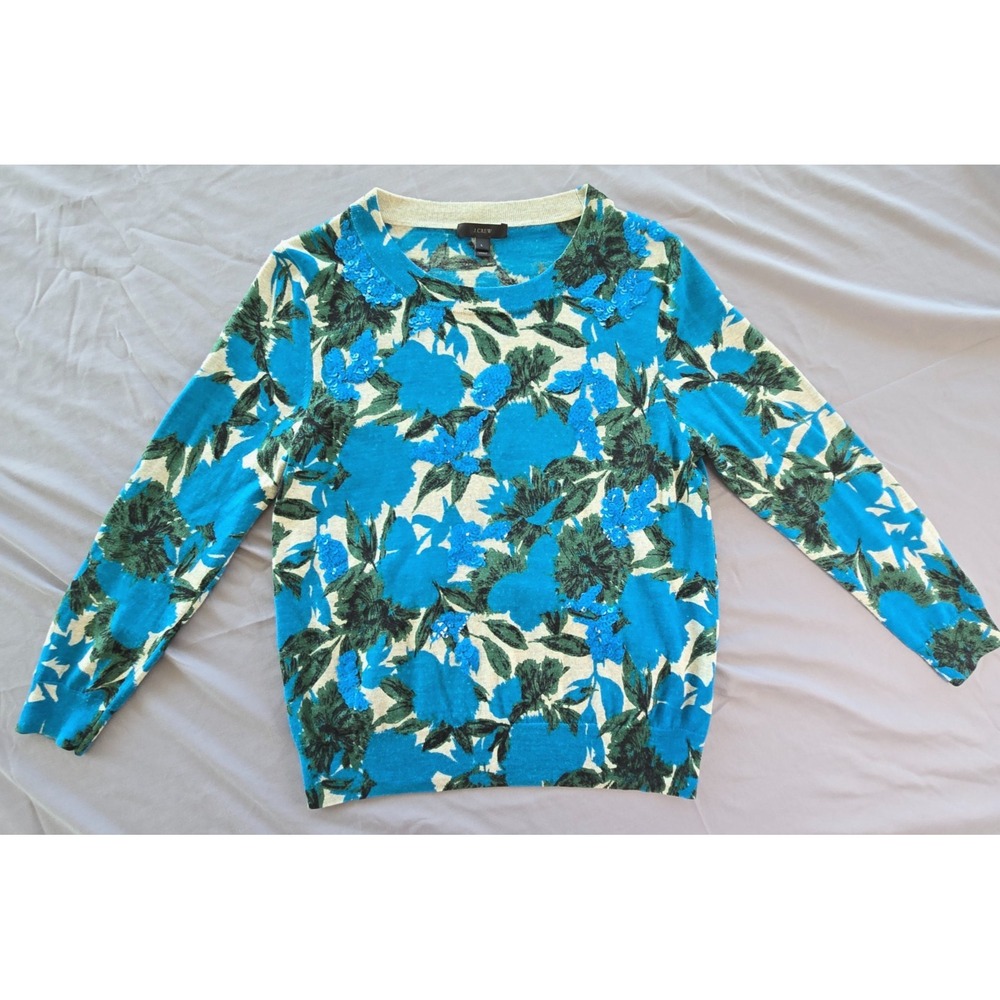 J Crew Turquiose Blue Floral Merino Wool Knit Sweater Beaded Quiet Luxury W Sz L